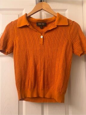 Truth by Republic Short Sleeve Button Sweater Orange Size Small